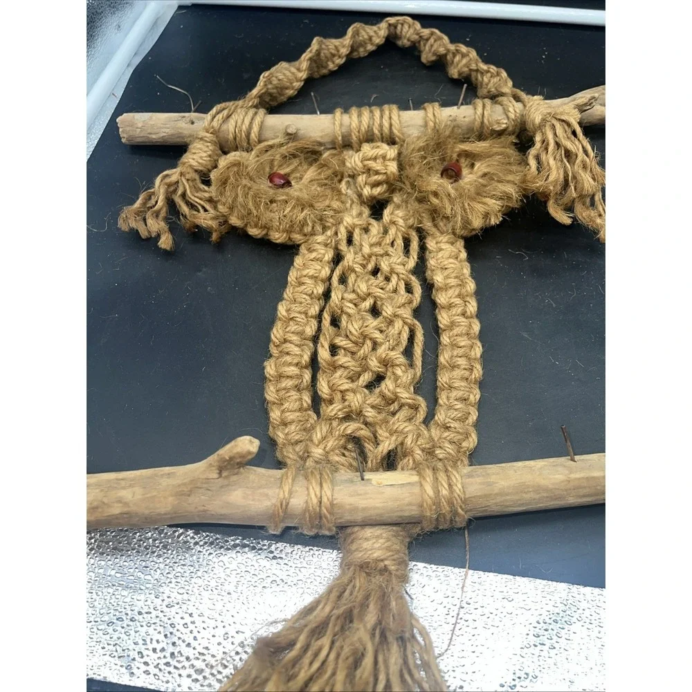 Vintage Handmade Macramé & Driftwood Brown MCM Owl Wooden Eyes 30
